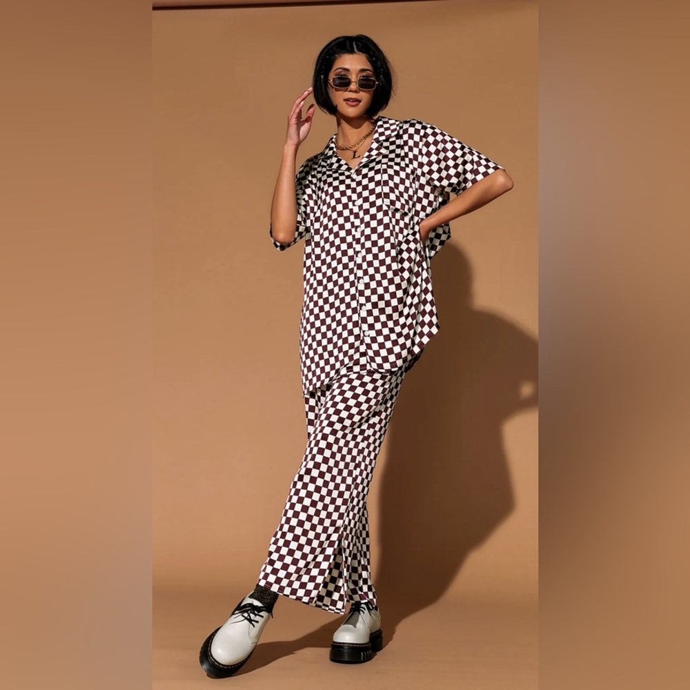 Dressed in LALA Dream So Big Satin Top + Pants Set in Brown Cream Check
